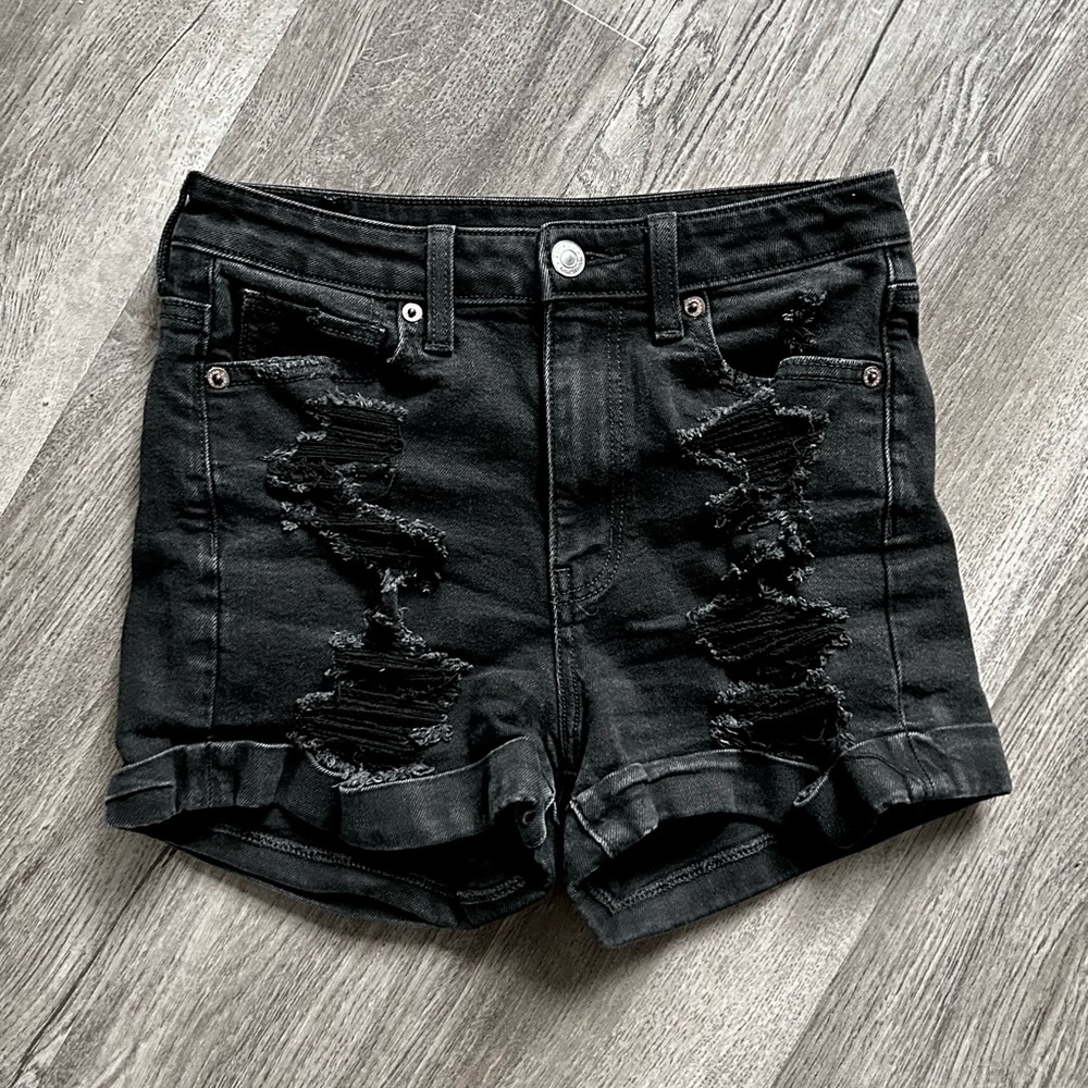 BOGO | American Eagle Black Hi Rise Stretch Black Distressed Jean Shorts…